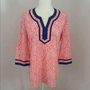 J. Crew Coral/Navy Leaf Print Cotton Tunic sz M